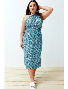 Trendyol Curve Blue Printed Fitted One-Shoulder Asymmetrical Gather and Degaje Detailed Knitted Dress