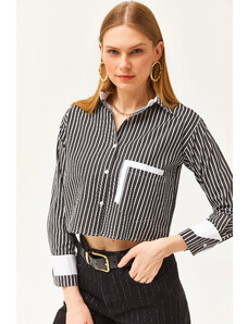 Olalook Women's Black and White Pocket and Cuff Detail Striped Crop Shirt