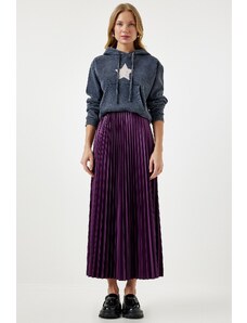 Happiness İstanbul Women's Purple Shiny Finish Pleated Knitted Skirt