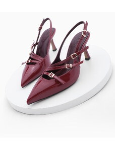 Marjin Women's Pointed Toe Tri Band Belt Detail Open Back Classic Heel Shoes Bevil Burgundy Patent Leather