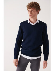 Avva Men's Navy Blue V Neck Wool Blended Regular Fit Knitwear Sweater