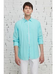 AC&Co / Altınyıldız Classics Men's Turquoise Comfort Fit Relaxed Cut Concealed Button Collar 100% Cotton Flamed Shirt