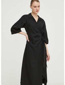 Šaty s příměsí lnu Samsoe Samsoe SAHANI černá barva, midi, F24100086