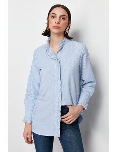 Trendyol Blue Striped Paw and Collar Ruffle Detail Woven Shirt