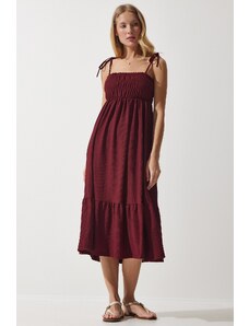 Happiness İstanbul Women's Burgundy Strappy Crinkle Summer Knitted Dress