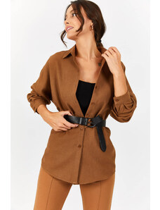 armonika Women's Brown Oversize Long Basic Shirt