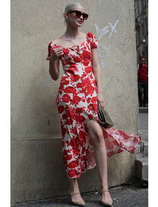 Madmext Red Patterned Slit Long Dress