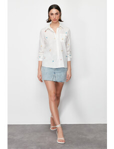 Trendyol Ecru Floral Embroidery Regular Woven Shirt