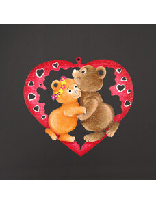 AMADEA Dřevěná barevná ozdoba srdce medvědi, 7 cm, český výrobek