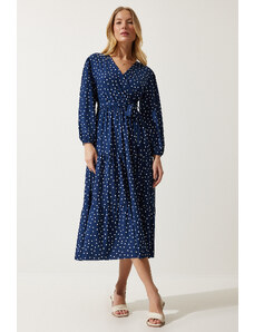 Happiness İstanbul Women's Navy Blue Wrapover Neck Polka Dot Knitted Dress