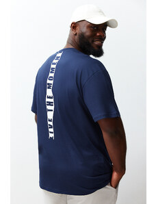 Trendyol Large Size Navy Blue Relaxed/Comfortable Cut Back Text Printed 100% Cotton T-Shirt