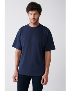 Avva Men's Navy Blue Oversize 100% Cotton Crew Neck Printed T-shirt
