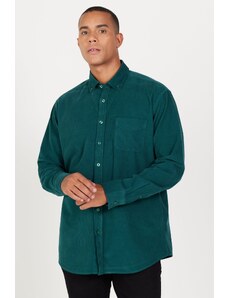 AC&Co / Altınyıldız Classics Men's Dark Green Comfort Fit Wide Cut Button Collar Velvet Shirt