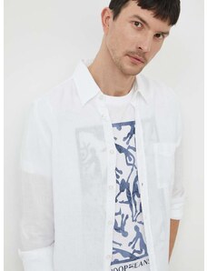 Lněná košile BOSS ORANGE bílá barva, regular, s klasickým límcem, 50489344