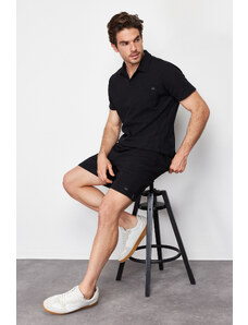 Trendyol Black Regular/Regular Fit Polo Collar Labeled T-Shirt Shorts Tracksuit Set