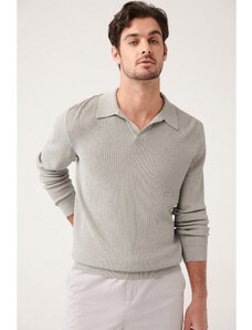 Avva Men's Gray Buttonless Polo Collar Textured Rayon Standard Fit Normal Cut Knitwear