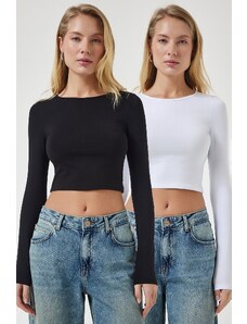 Happiness İstanbul Women's Black and White Crew Neck Basic 2-Pack Crop Knitted Blouse