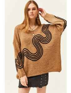 Olalook Women's Wave Camel Evening V-Neck Soft Textured Knitwear Sweater