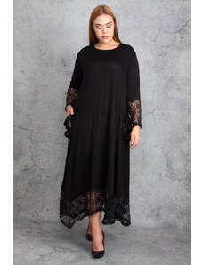 Şans Women's Plus Size Black Lace Detailed Viscose Long Sleeve Dress