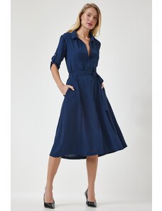 Happiness İstanbul Women's Navy Blue Belted Shirt Dress