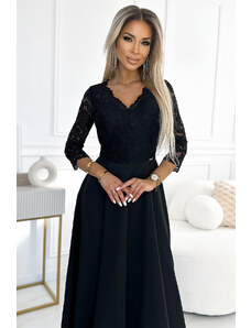 numoco AMBER elegantní krajkové dlouhé šaty s výstřihem a rozparkem na nohavicích - černé