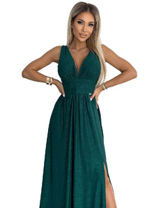 numoco SUSAN - Dlouhé dámské brokátové šaty v lahvově zelené barvě s výstřihem a prošitím v pase 490-3