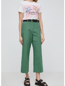 Kalhoty s příměsí lnu Weekend Max Mara zelená barva, high waist