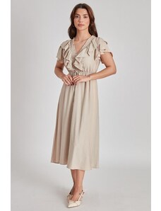 Madmext Beige V Neck Gimped Dress