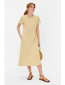Trendyol Beige Pocketed Crew Neck A-Line Knitted Midi Dress