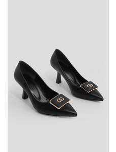 Marjin Women's Pointed Toe Buckle Thin Heel Classic Heel Shoes Elsem Black