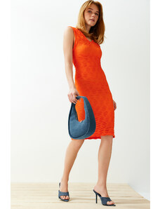 Trendyol Orange Fitted Moon Sleeve Mini Textured Stretchy Knitted Mini Pencil Dress