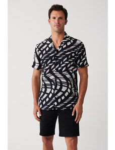 Avva Men's Black Viscose Cuban Collar Abstract Patterned Short Sleeve Regular Fit Shirt