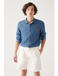 Avva Men's Blue Classic Collar Cotton Snap Snap Marine Printed Comfort Fit Relaxed Cut Denim Shirt
