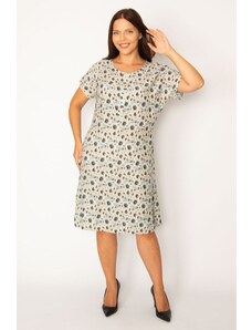Şans Women's Plus Size Gray Woven Viscose Fabric Dress with Buttons and Belts at the Waist.