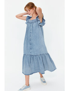 Trendyol Light Blue Frilly Oversize Maxi Denim Dress