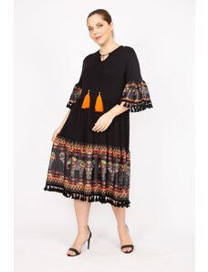 Şans Women's Black Plus Size Sleeve And Skirt Patterned Tassel Detailed Dress