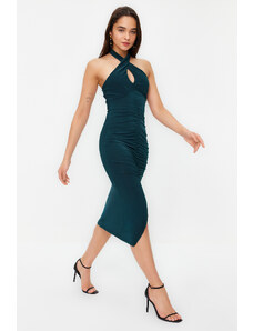 Trendyol Emerald Green Draped Detailed Halter Neck Fitted/Situated Midi Knit Dress