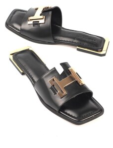 Capone Outfitters Women's Flat Toe Metal Buckle Metal Heel Detail Slippers
