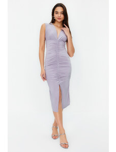 Trendyol Gray Fitted/Situated Gathering Detailed Midi Stretchy Knitted Midi Dress