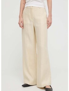 Plátěné kalhoty Weekend Max Mara béžová barva, široké, high waist