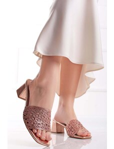 Givana Růžovozlaté pantofle na hrubém podpatku Payton