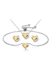 Jewellis ČR Jewellis ocelová 3-dílná sada - náhrdelník, náramek a náušnice Flatback Heart s krystaly ve tvaru srdce Swarovski - Crystal Golden Shadow