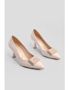 Marjin Women's Pointed Toe Buckle Thin Heel Classic Heel Shoes Elsem Ecru
