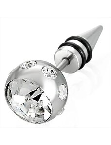 Šperky Eshop - Falešný piercing ve stříbrné barvě - velká koule se zirkonem, špička se dvěma černými gumičkami E16.16