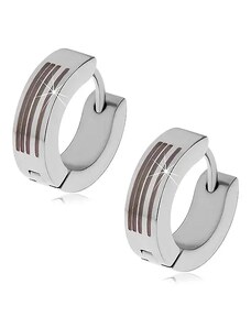 Šperky Eshop - Ocelové náušnice stříbrné barvy - kroužky s černými proužky X05.05