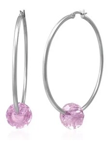 Šperky Eshop - Ocelové náušnice - velké kruhy stříbrné barvy s růžovým broušeným korálkem X09.10