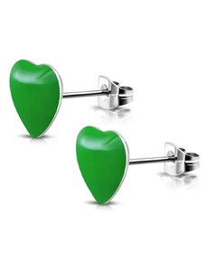 Šperky Eshop - Ocelové náušnice se zelenými srdíčky a puzetkami X22.12
