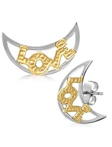 Šperky Eshop - Dvoubarevné náušnice z oceli - půlměsíce s nápisem LOVE AA27.02