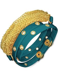 Šperky Eshop - Náramek z kůže - kovaný modrý pás a zlaté řetízky AB21.04