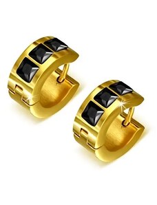 Šperky Eshop - Zlaté kruhové náušnice z oceli, tři černé čtvercové kamínky S37.03